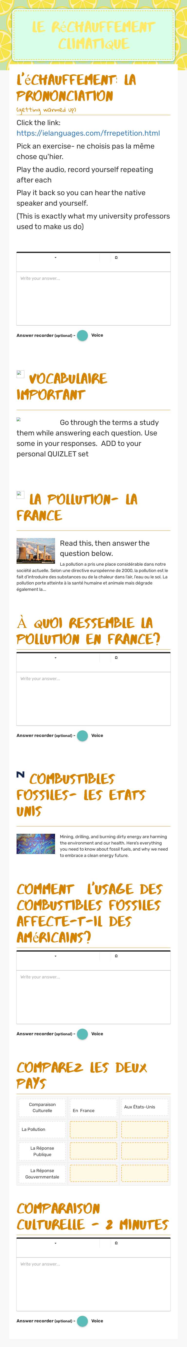 Le Réchauffement Climatique worksheet preview image