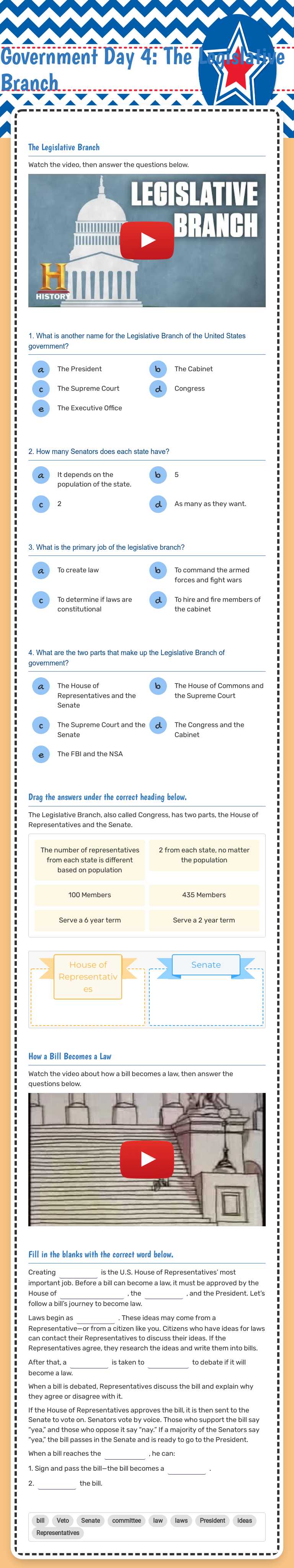 Government Day 4:                   
    The Legislative Branch Grade 5 worksheet preview