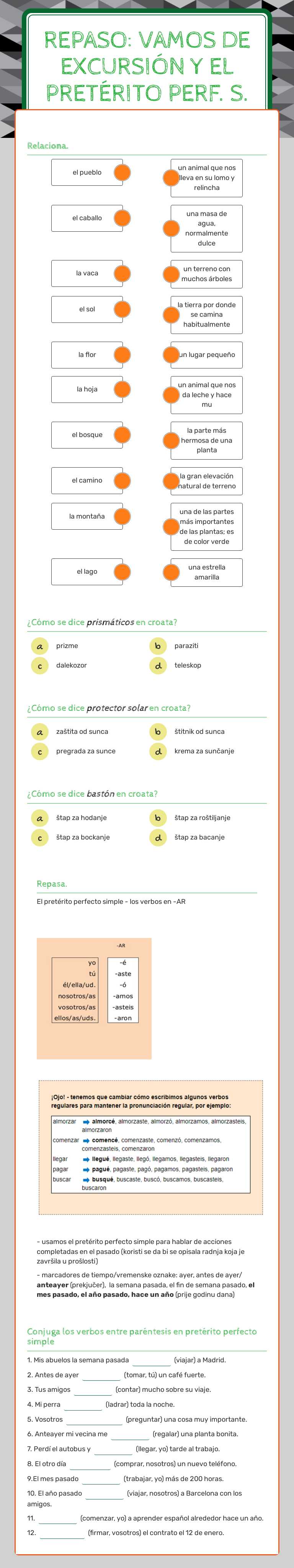 REpaso: VAMOS DE 
eXCURSIÓN Y eL prETÉRITO PERF. S. Grade 6 worksheet preview