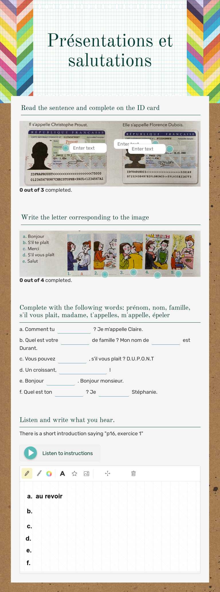 Présentations et salutations worksheet preview image