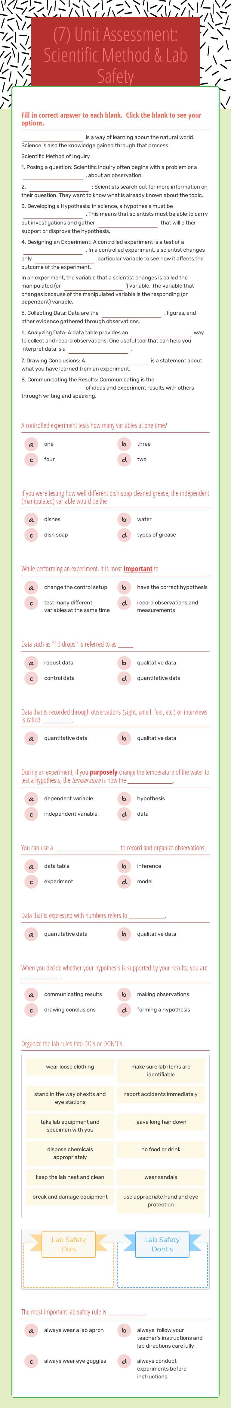 (7) Unit Assessment: Scientific Method & Lab Safety Grade 7 worksheet preview