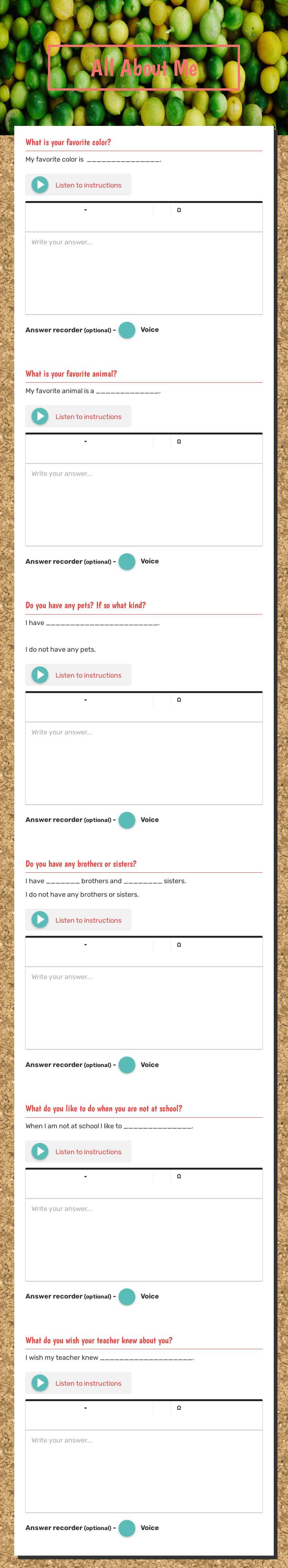 All About Me worksheet preview image