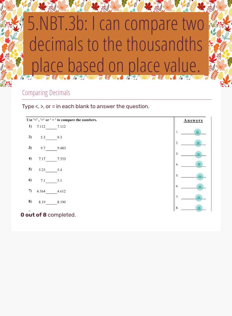 5.NBT.3b: I can compare two decimals to the thousandths place based on place value. Grade 5 worksheet preview