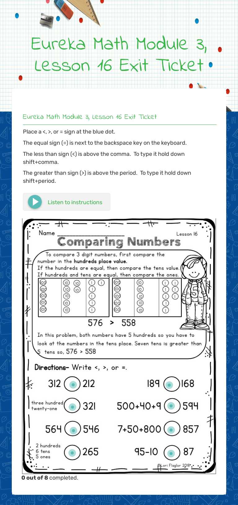 Eureka Math Module 3, Lesson 16 Exit Ticket worksheet preview image