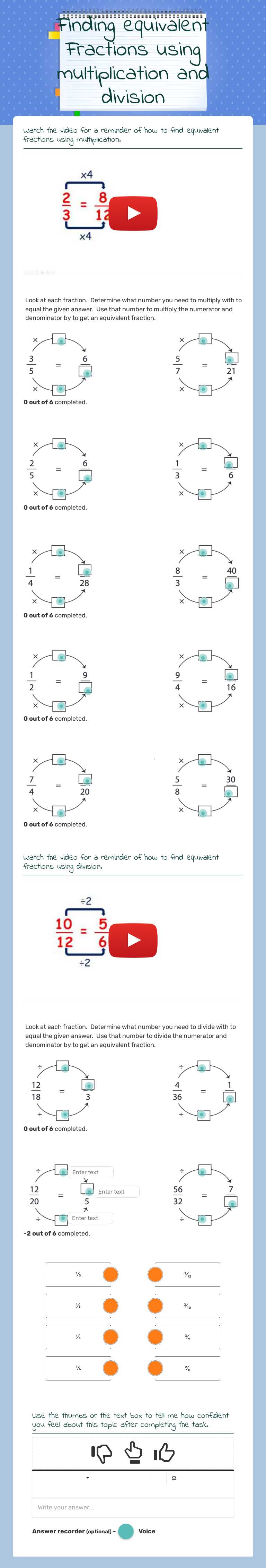 Finding equivalent Fractions using multiplication and division worksheet preview image
