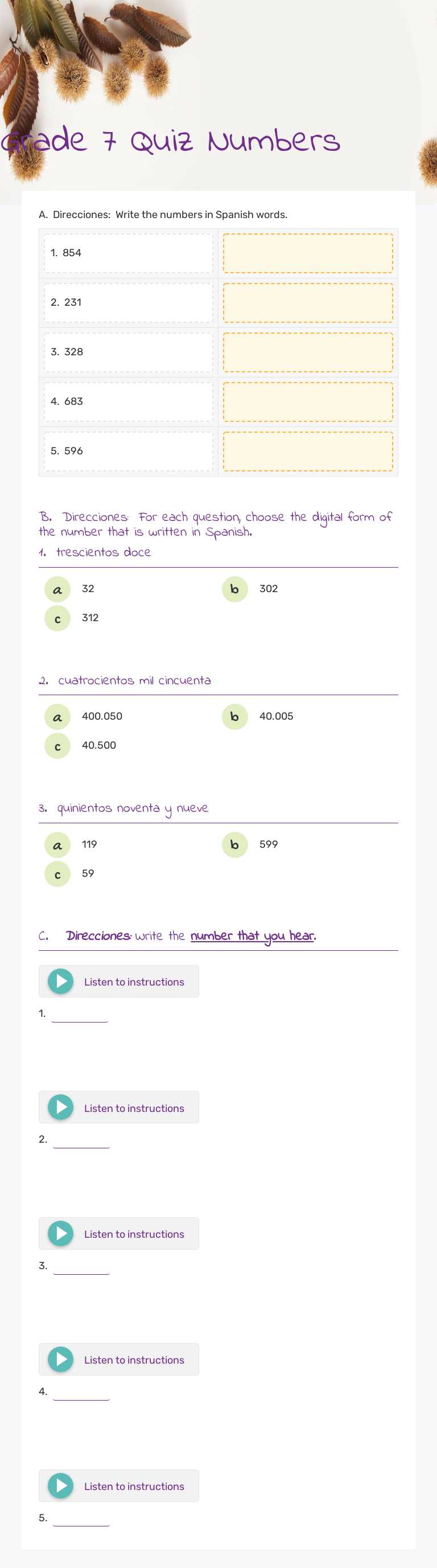 Grade 7 Quiz Numbers Grade 7 worksheet preview