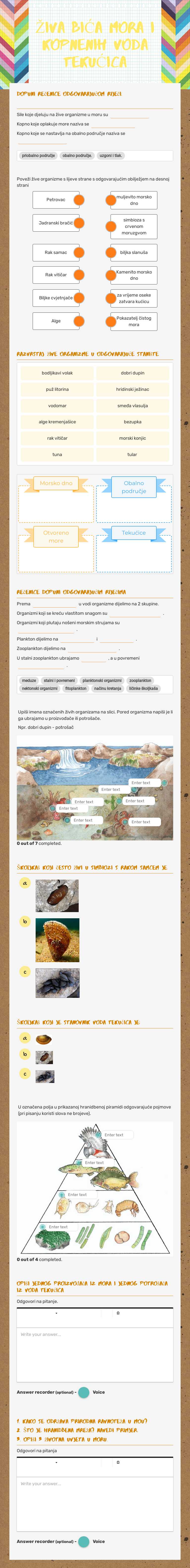 ŽIVA BIĆA MORA I KOPNENIH VODA TEKUĆICA Grade 6 worksheet preview