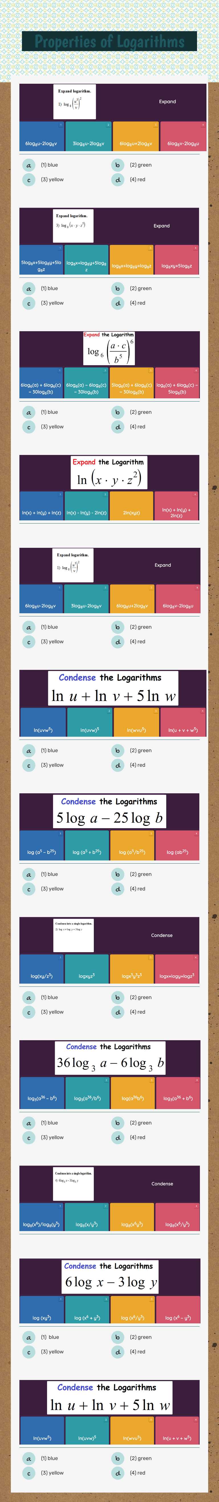 Properties of Logarithms worksheet preview image