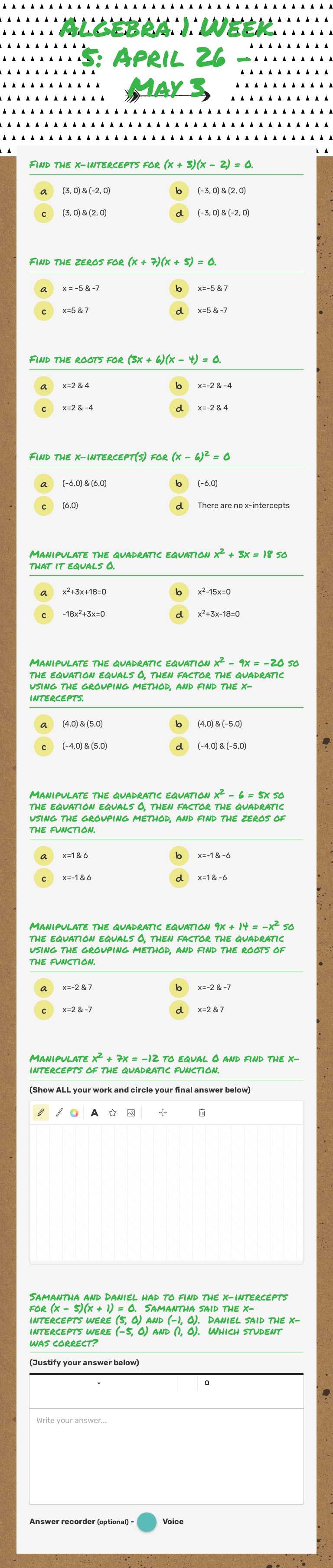 Algebra 1 Week 5: April 26 - May 3 worksheet preview image