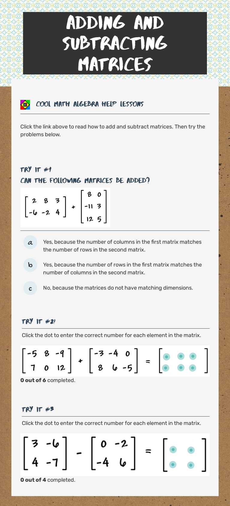 Adding and Subtracting Matrices worksheet preview image