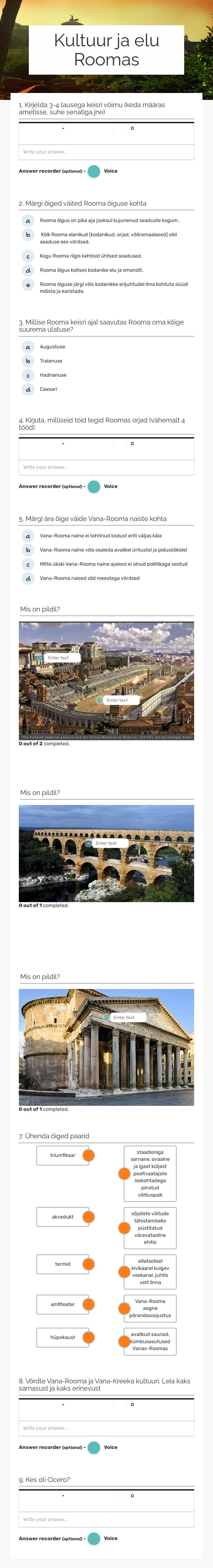 Kultuur ja elu Roomas worksheet preview image