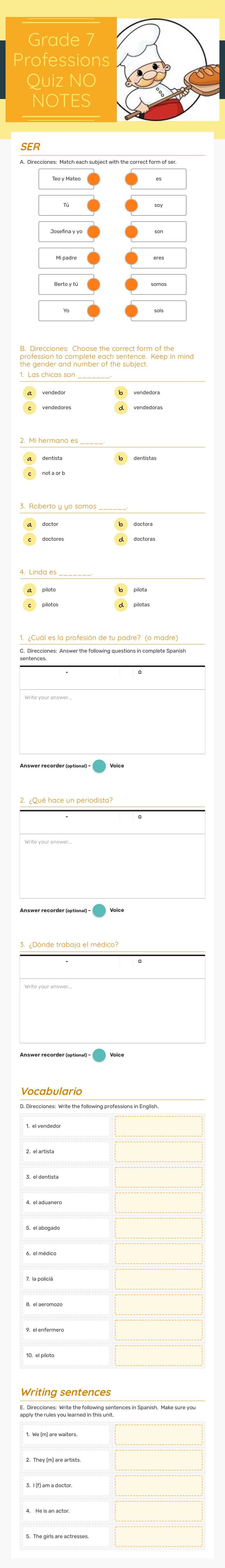 Grade 7 Professions Quiz NO NOTES worksheet preview image