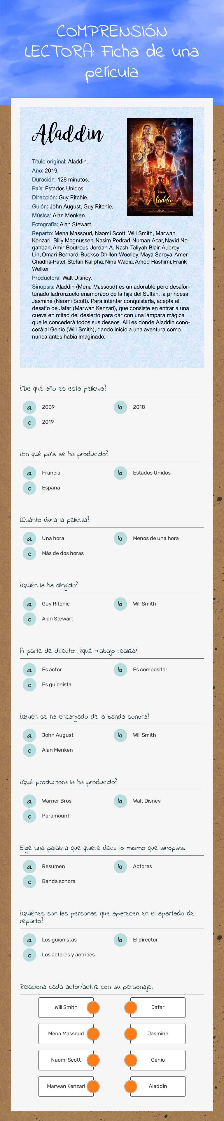 COMPRENSIÓN LECTORA:     Ficha de una película worksheet preview image