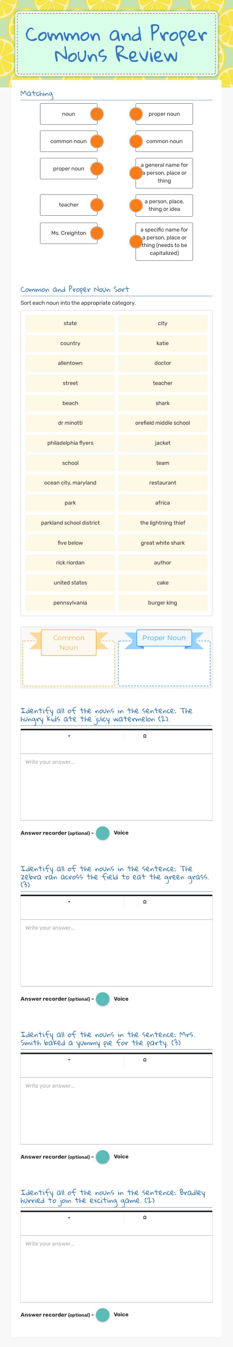 Common and Proper Nouns Review Grade 7 worksheet preview