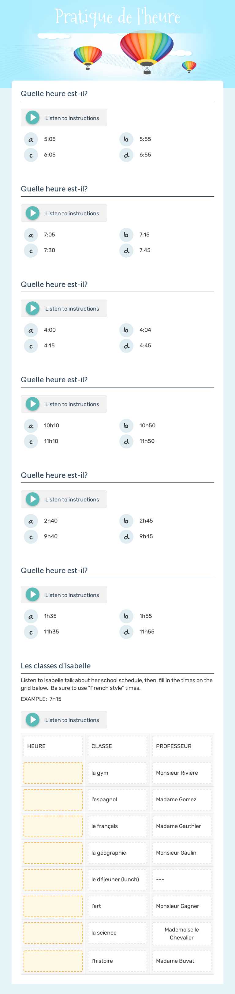 Pratique de l'heure worksheet preview image
