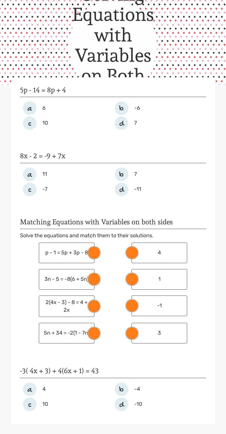 Solving Equations with Variables on Both Sides Grade 8 worksheet preview