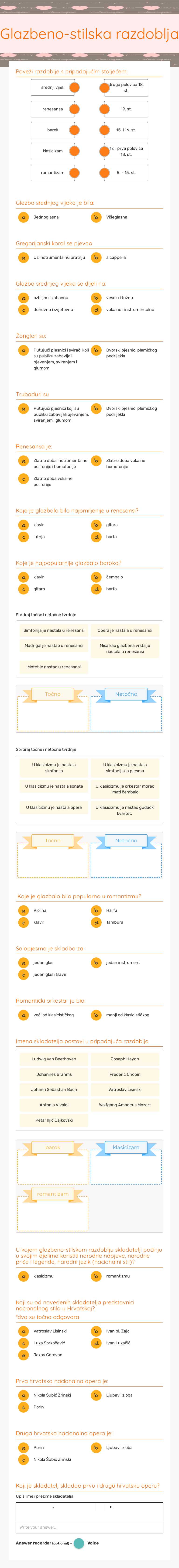 Glazbeno-stilska razdoblja worksheet preview image
