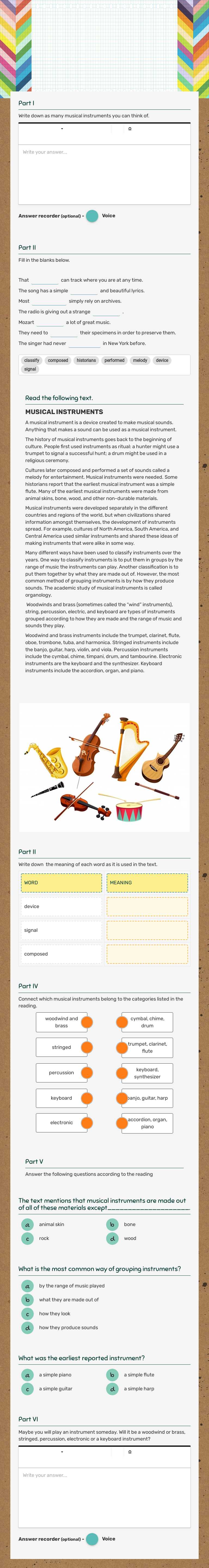 MUSICAL INSTRUMENTS worksheet preview image