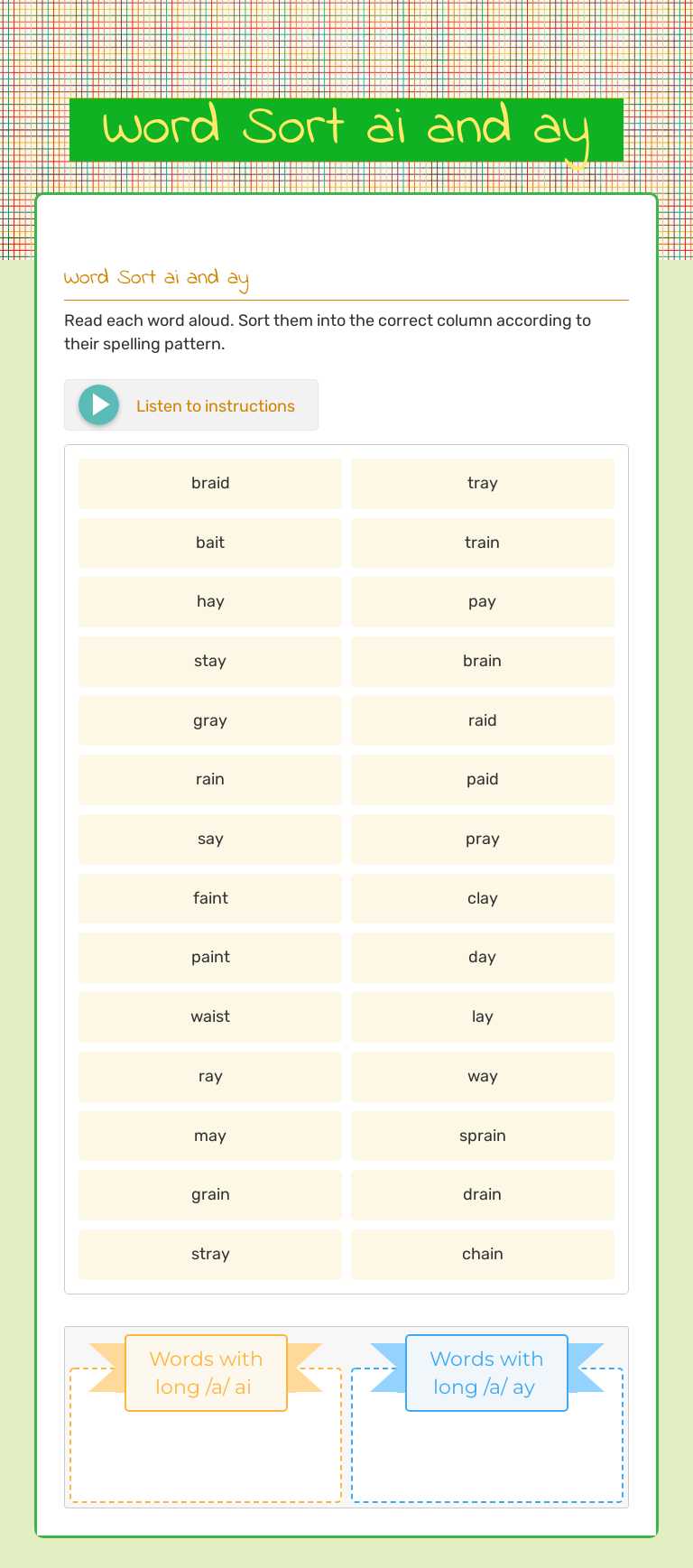 Word Sort ai and ay worksheet preview image