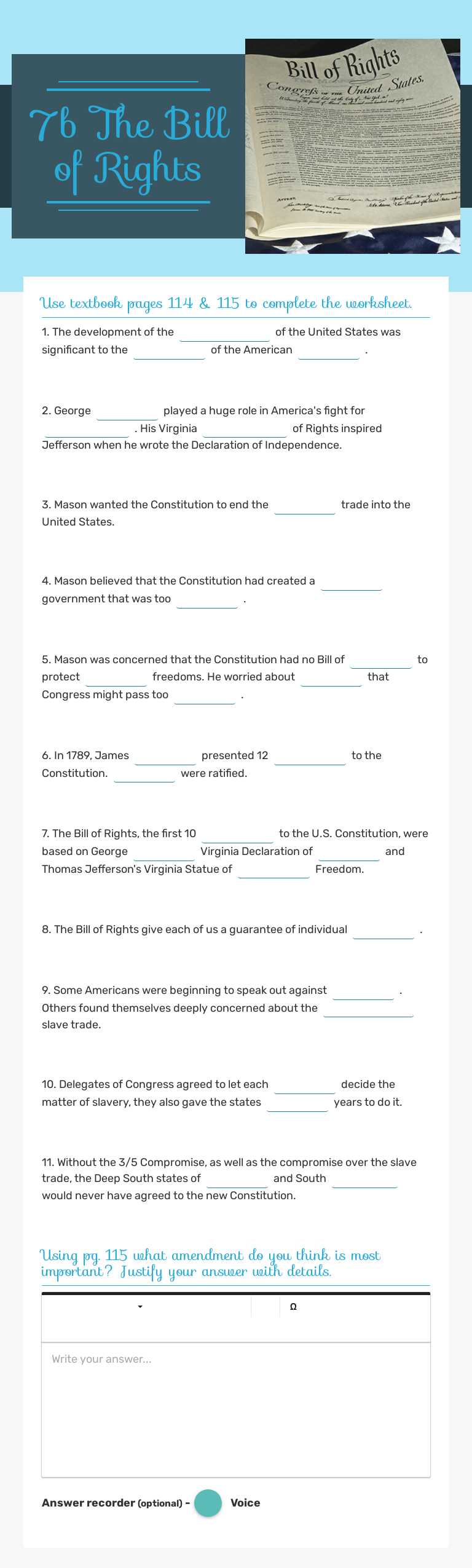 7b The Bill of Rights worksheet preview image