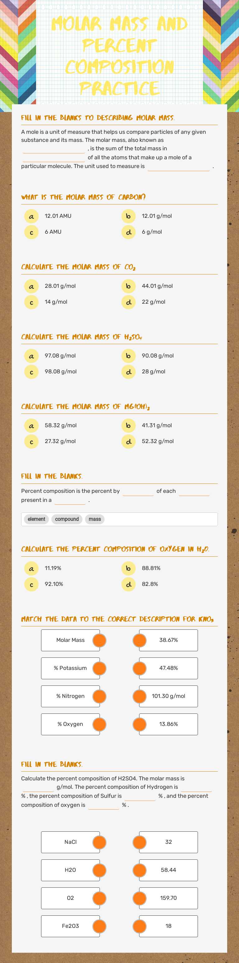 Molar Mass and Percent Composition Practice Grade 9 worksheet preview