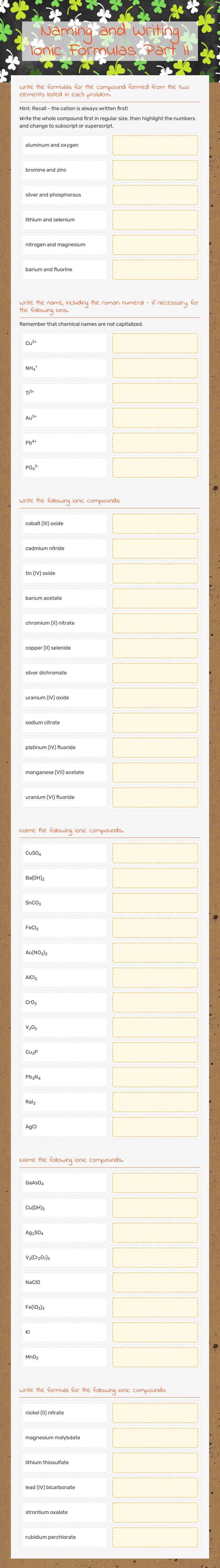 Naming and Writing Ionic Formulas Part II worksheet preview image