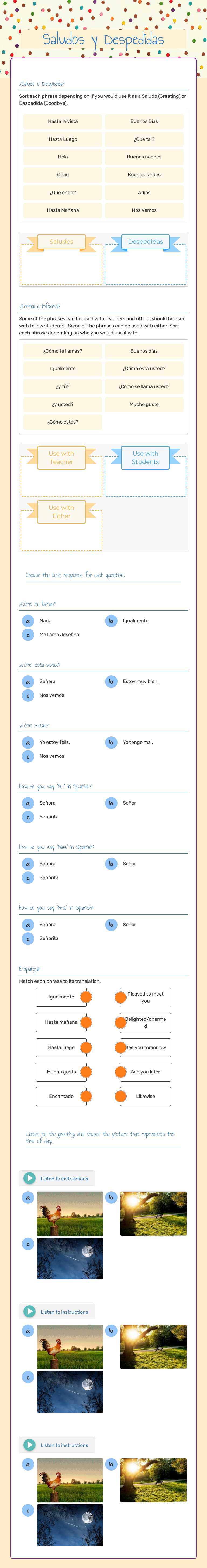 Saludos y Despedidas worksheet preview image