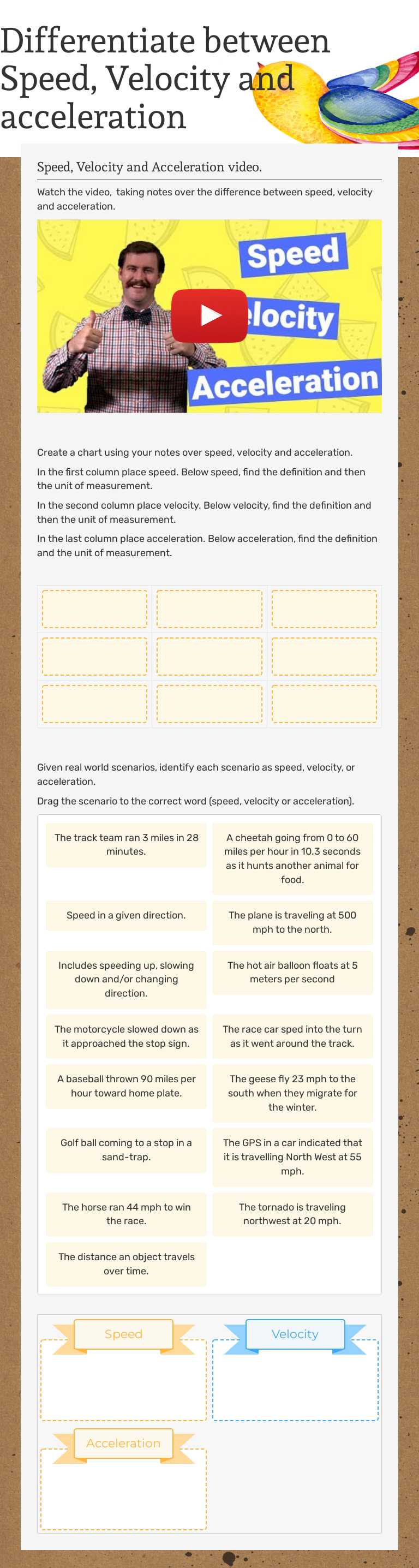 Differentiate between Speed, Velocity and acceleration worksheet preview image
