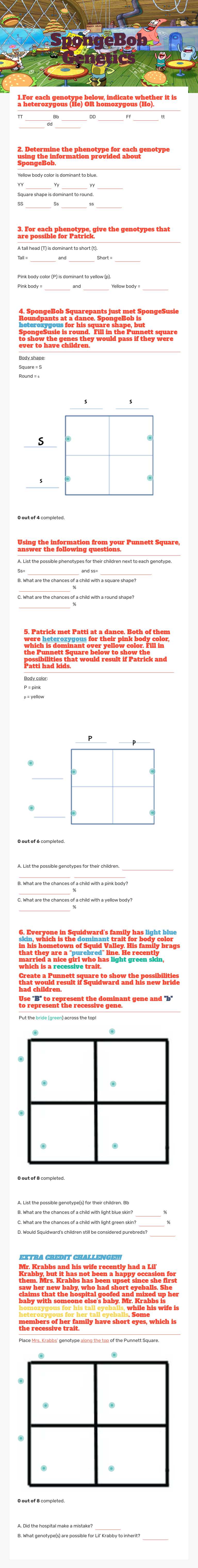 SpongeBob Genetics worksheet preview image
