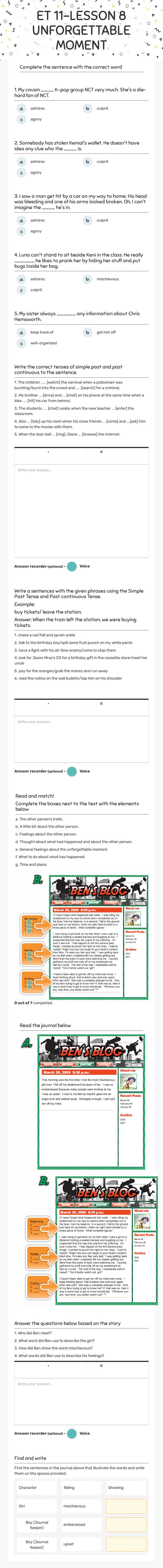 ET 11-LESSON 8 UNFORGETTABLE MOMENT worksheet preview image