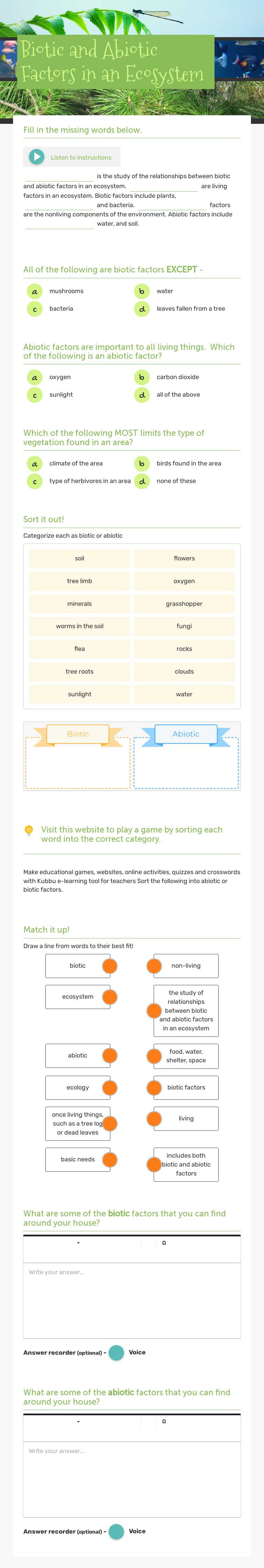 Biotic and Abiotic Factors in an Ecosystem worksheet preview image