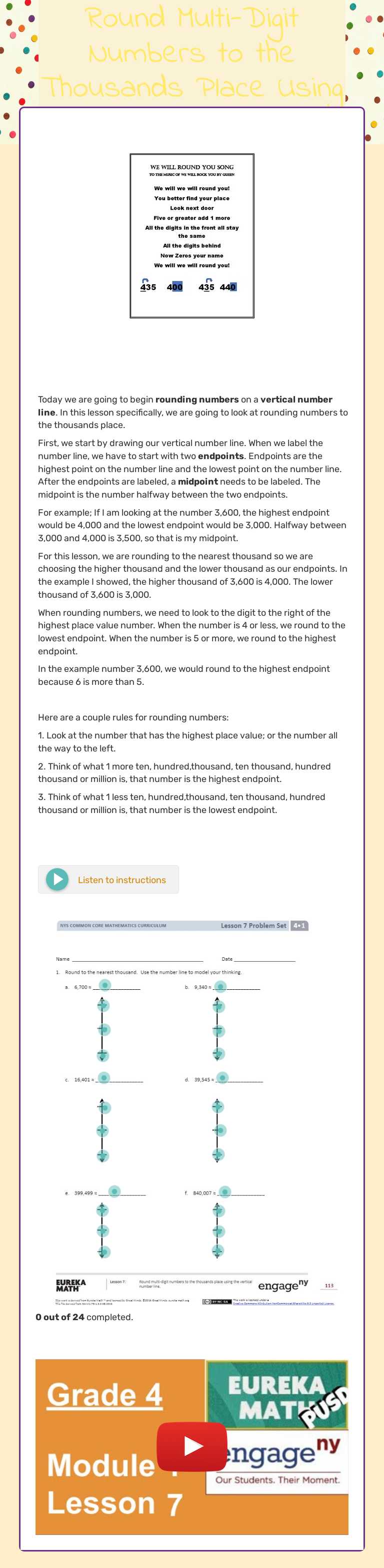 Module 1, Lesson 7: Round Multi-Digit Numbers to the Thousands Place Using the Vertical Number Line Grade 4 worksheet preview