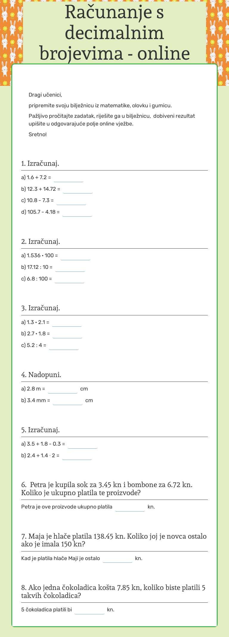 Računanje s decimalnim brojevima - online ispit - C grupa worksheet preview image