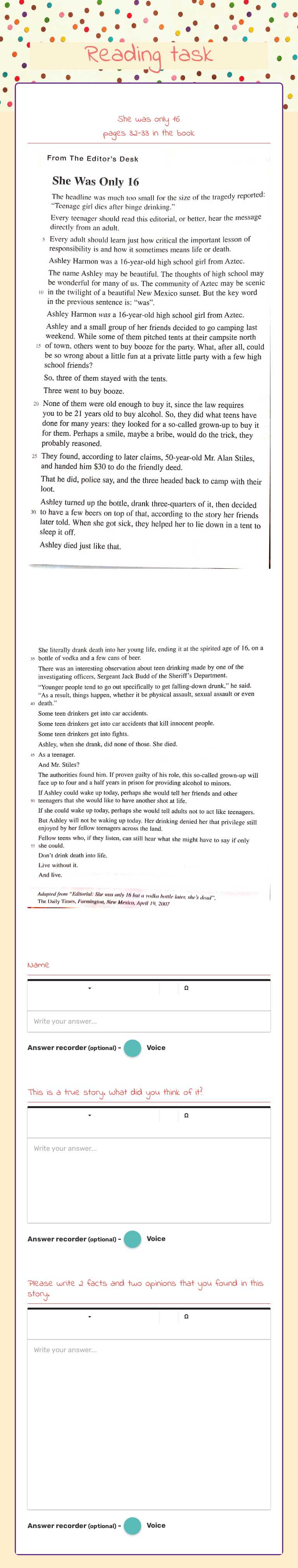 Reading task worksheet preview image