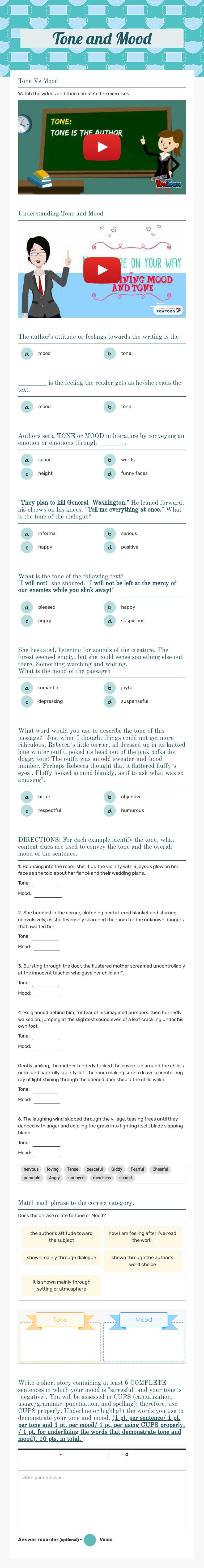 Tone and Mood worksheet preview image