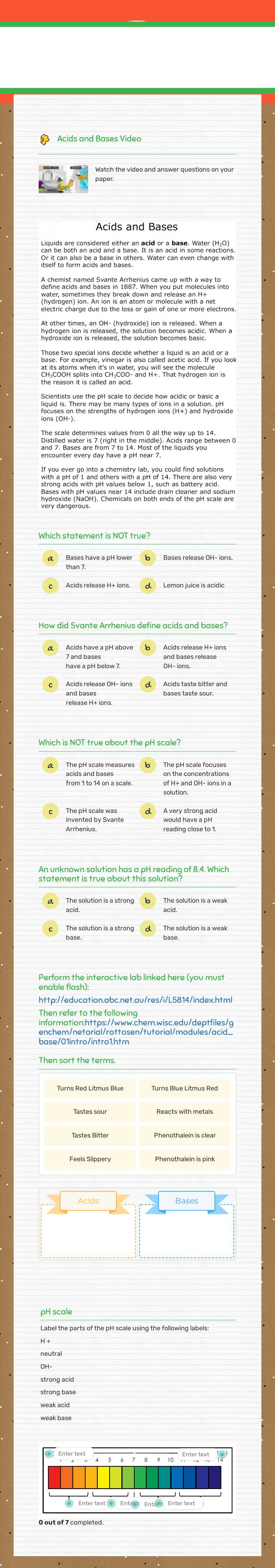 Introduction to Acids and Bases worksheet preview image