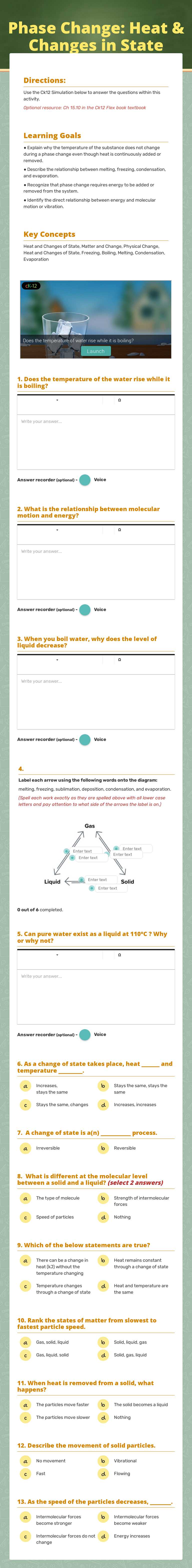 Phase Change: Heat & Changes in State worksheet preview image