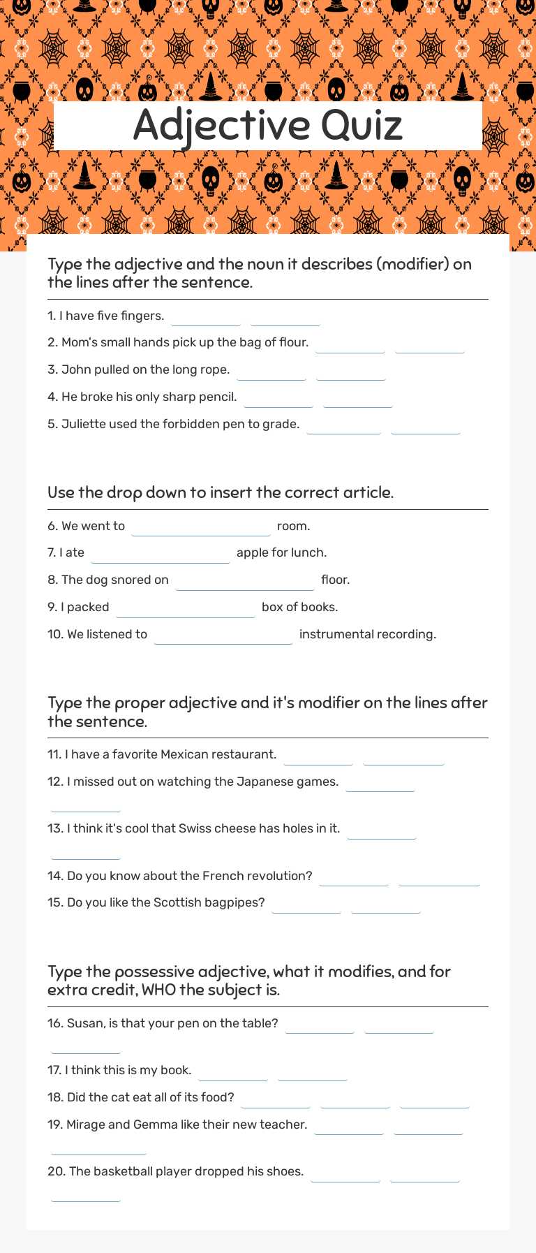 Adjective Quiz worksheet preview image