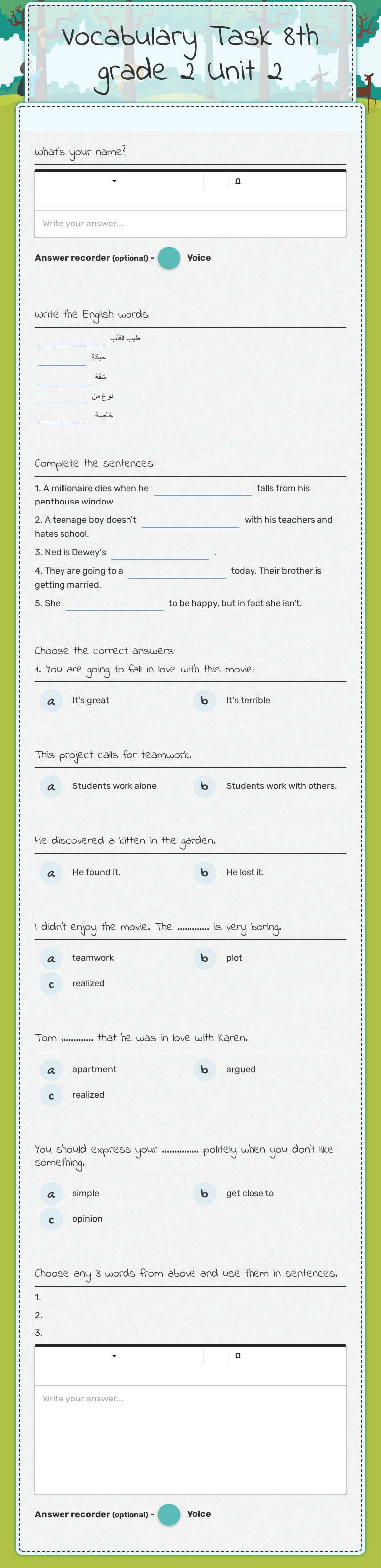 Vocabulary Task 8th grade 2 Unit 2 worksheet preview image