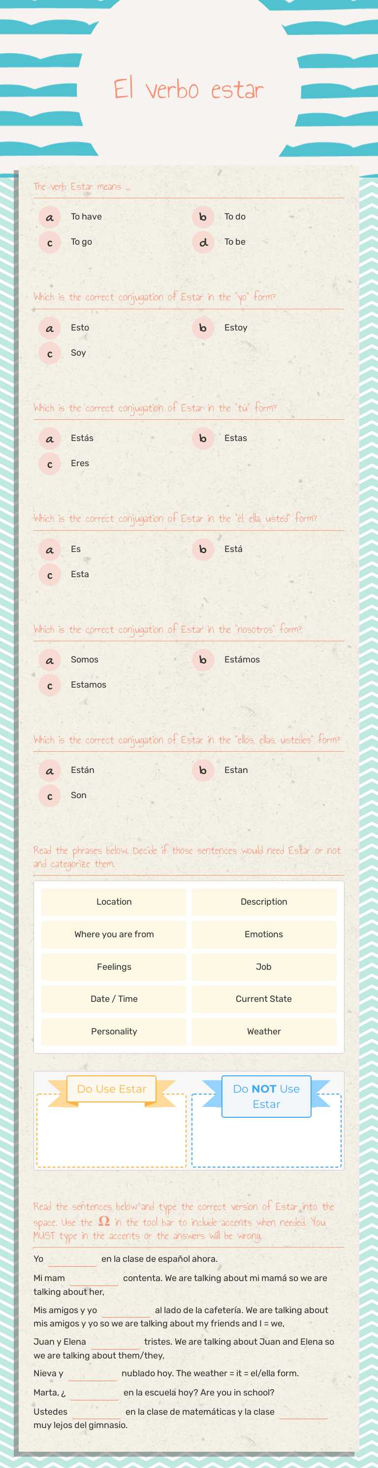 El verbo estar worksheet preview image