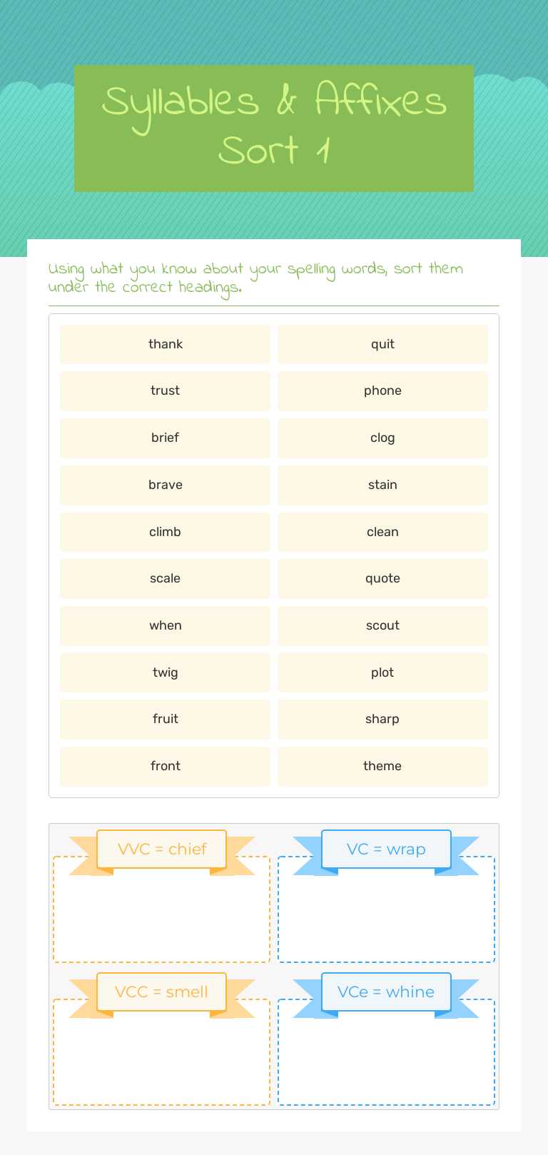 Syllables & Affixes Sort 1 worksheet preview image