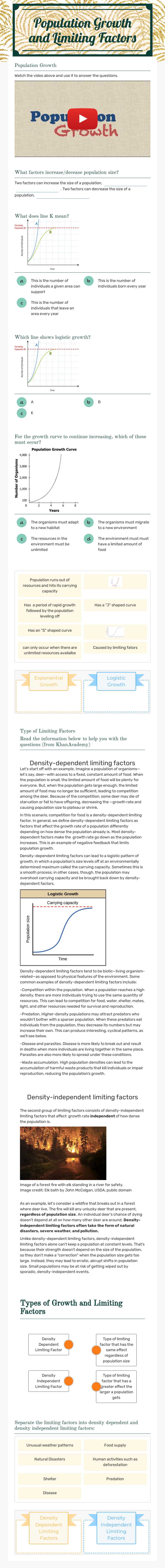 Population Growth and Limiting Factors worksheet preview image