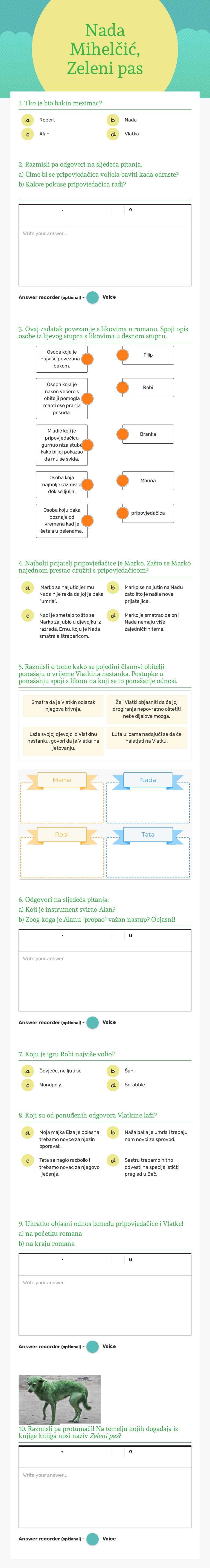 Nada Mihelčić, Zeleni pas Grade 7 worksheet preview