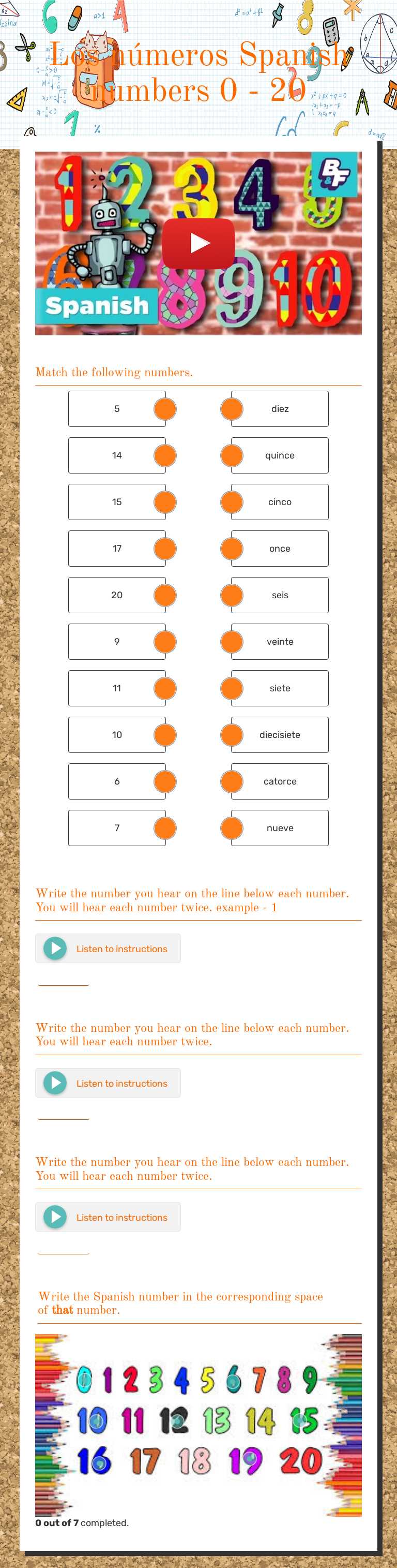 Los números  Spanish numbers 0 - 20 Grade 6 worksheet preview