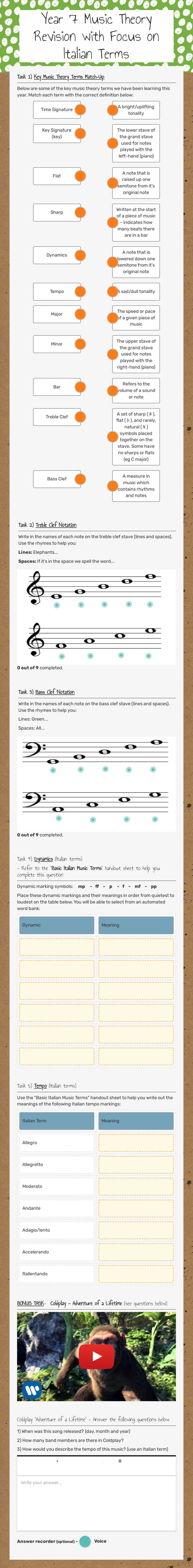 Year 7 Music Theory Revision with Focus on Italian Terms worksheet preview image