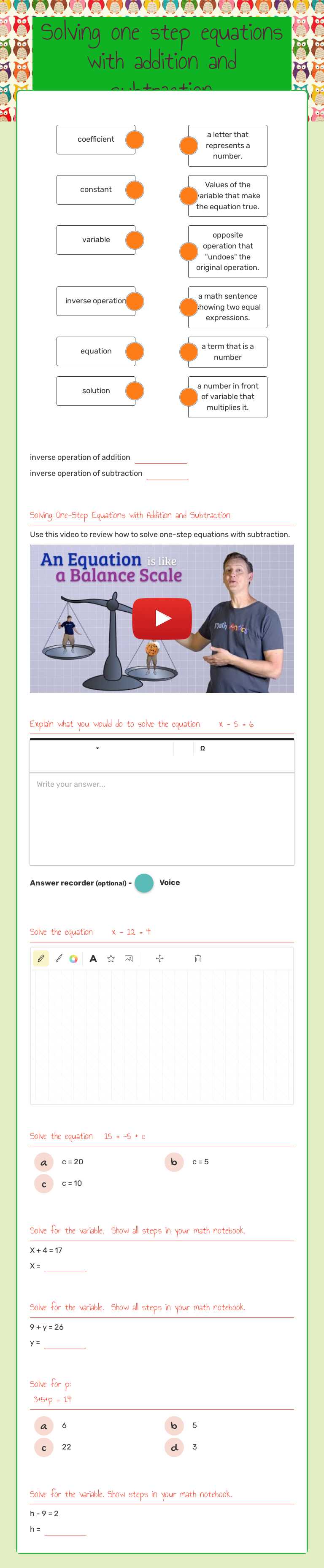 Solving one step equations with addition and subtraction worksheet preview image