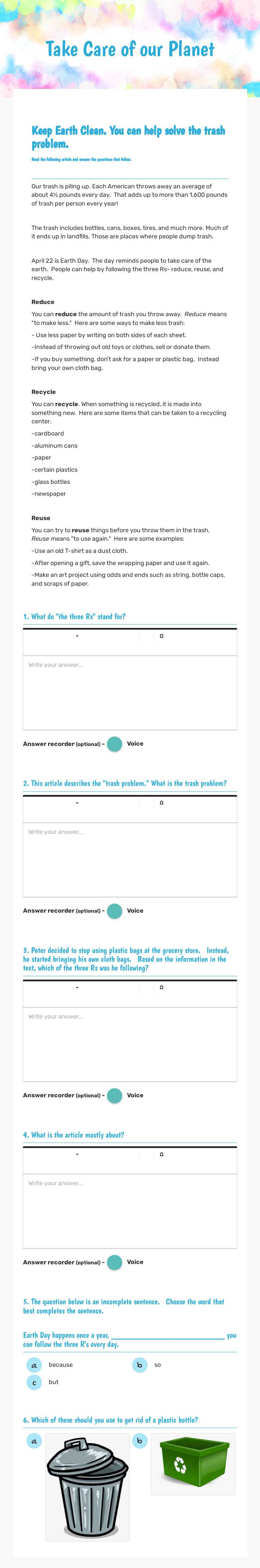 Take Care of our Planet worksheet preview image