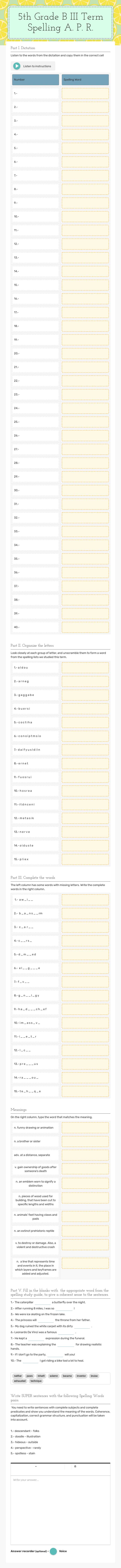 5th Grade B
III Term
Spelling A. P. R. worksheet preview image