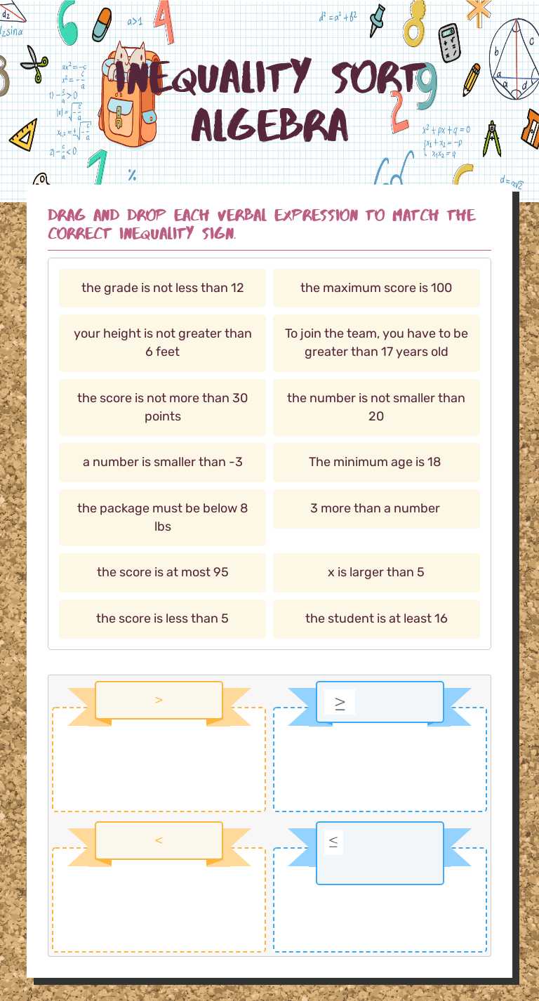 Inequality Sort Algebra worksheet preview image