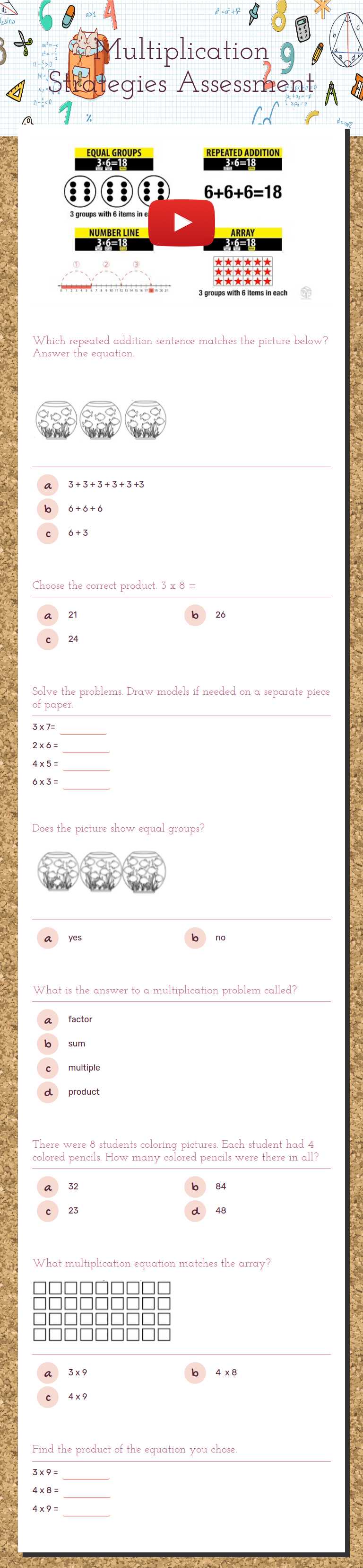 Multiplication Strategies Assessment Grade 3 worksheet preview